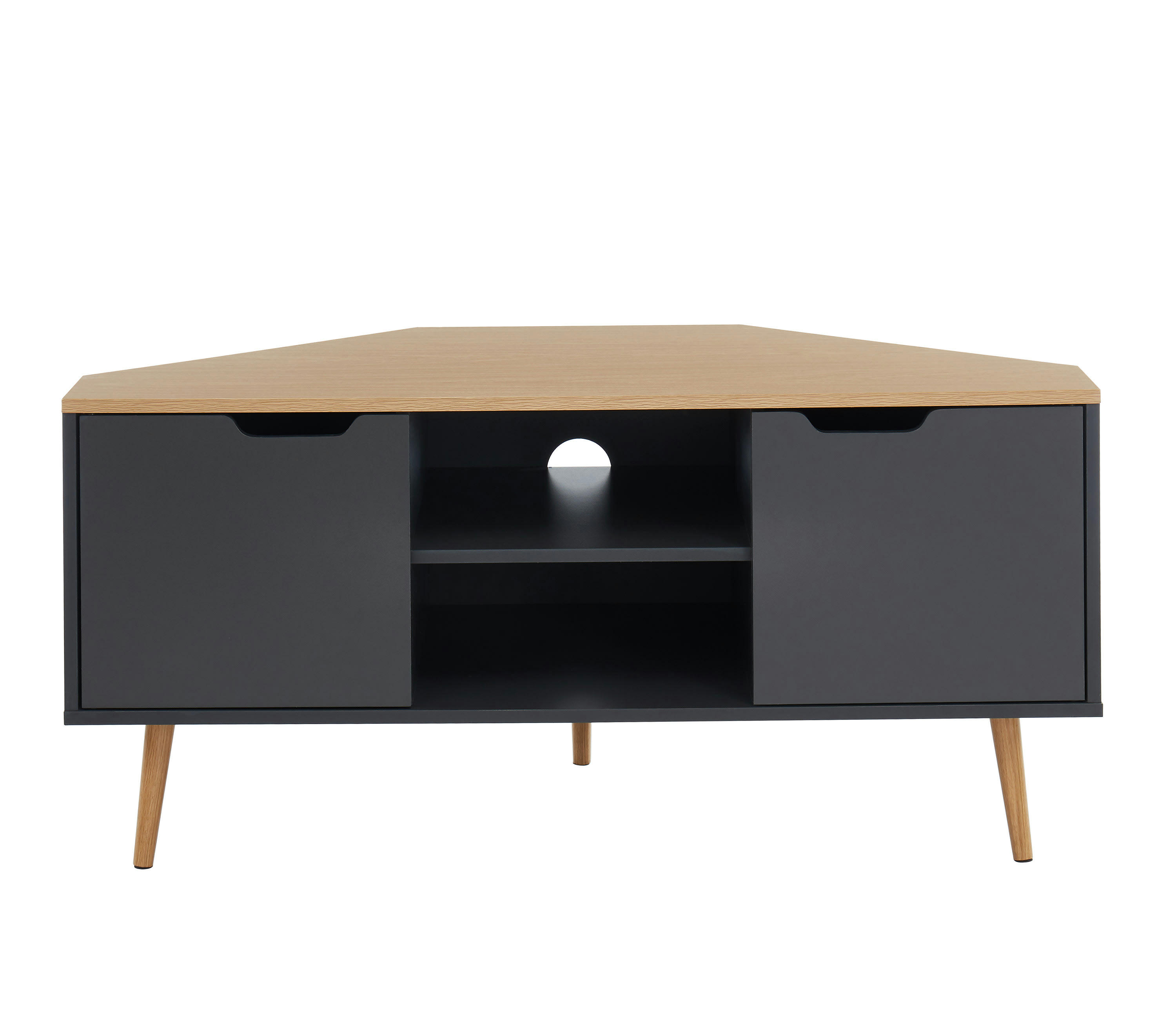 LYNA - Meuble tv d'angle   gris et effet chêne  2 portes 115cm noir et bois