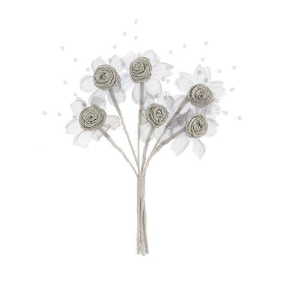 Silver Pearl Rose Wired Floral Picks 6 Pieces