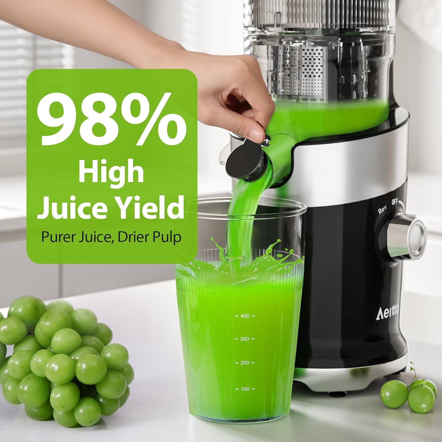 Cold Press Juicer For Whole Fruits, Aeitto Juicer Machines with Large Feed Chute, Self Feeding Juice Extractor Machine, Easy to Assemble, Easy to Clean & Use, High Juice Yield