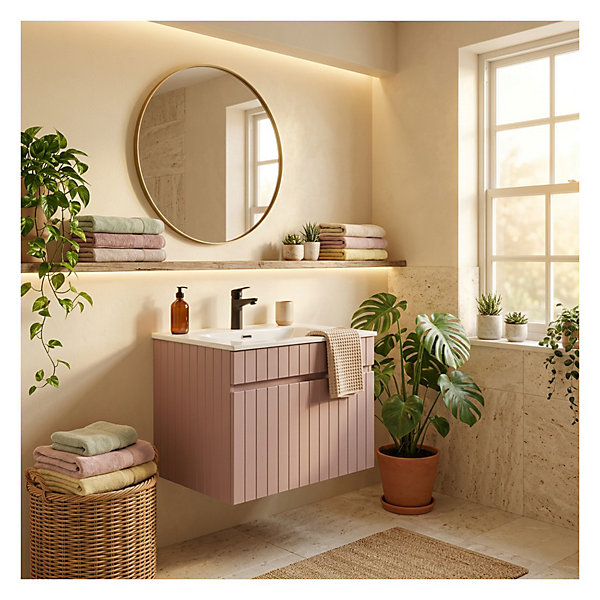 Ensemble de salle de bain ICON : meuble sous vasque 60cm rose poudré et vasque à encastrer blanche
