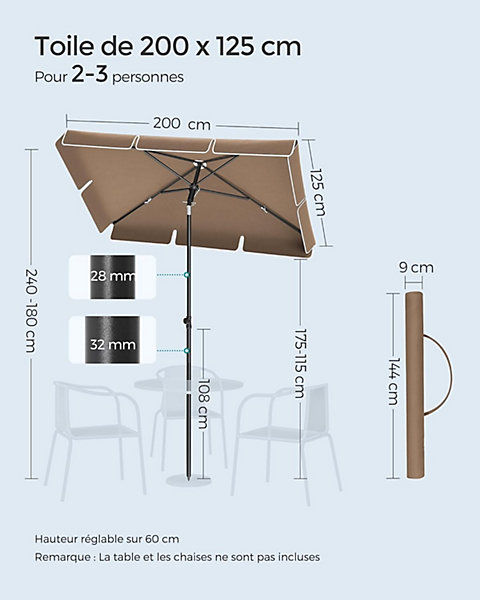 Parasol Rectangulaire 200x125 cm Protection Solaire UPF 50 Inclinable avec Sac de Transport