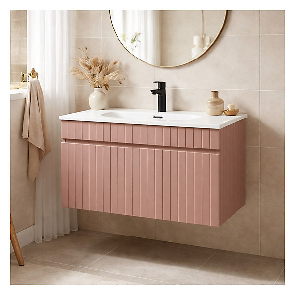 Ensemble de salle de bain ICON : meuble sous vasque 80cm rose poudré et vasque à encastrer blanche