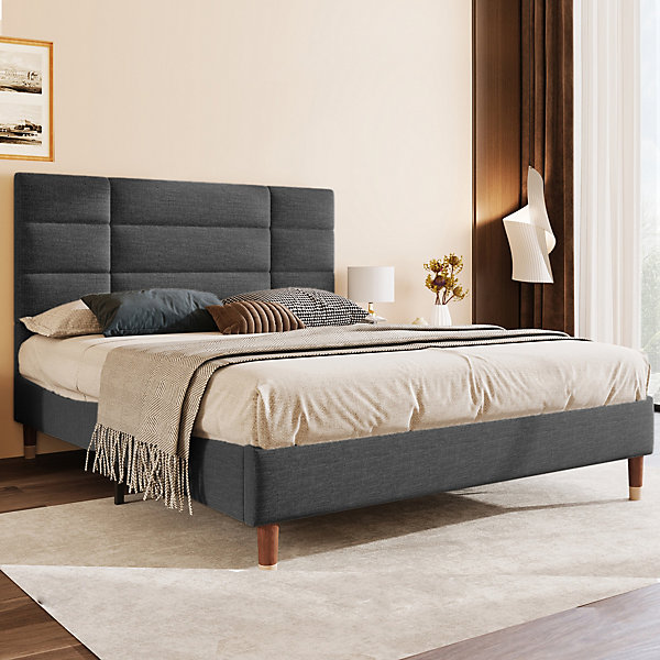 Lit double 140x200 cm - Lit capitonné avec tête de lit - Lin - Sans Matelas - Gris