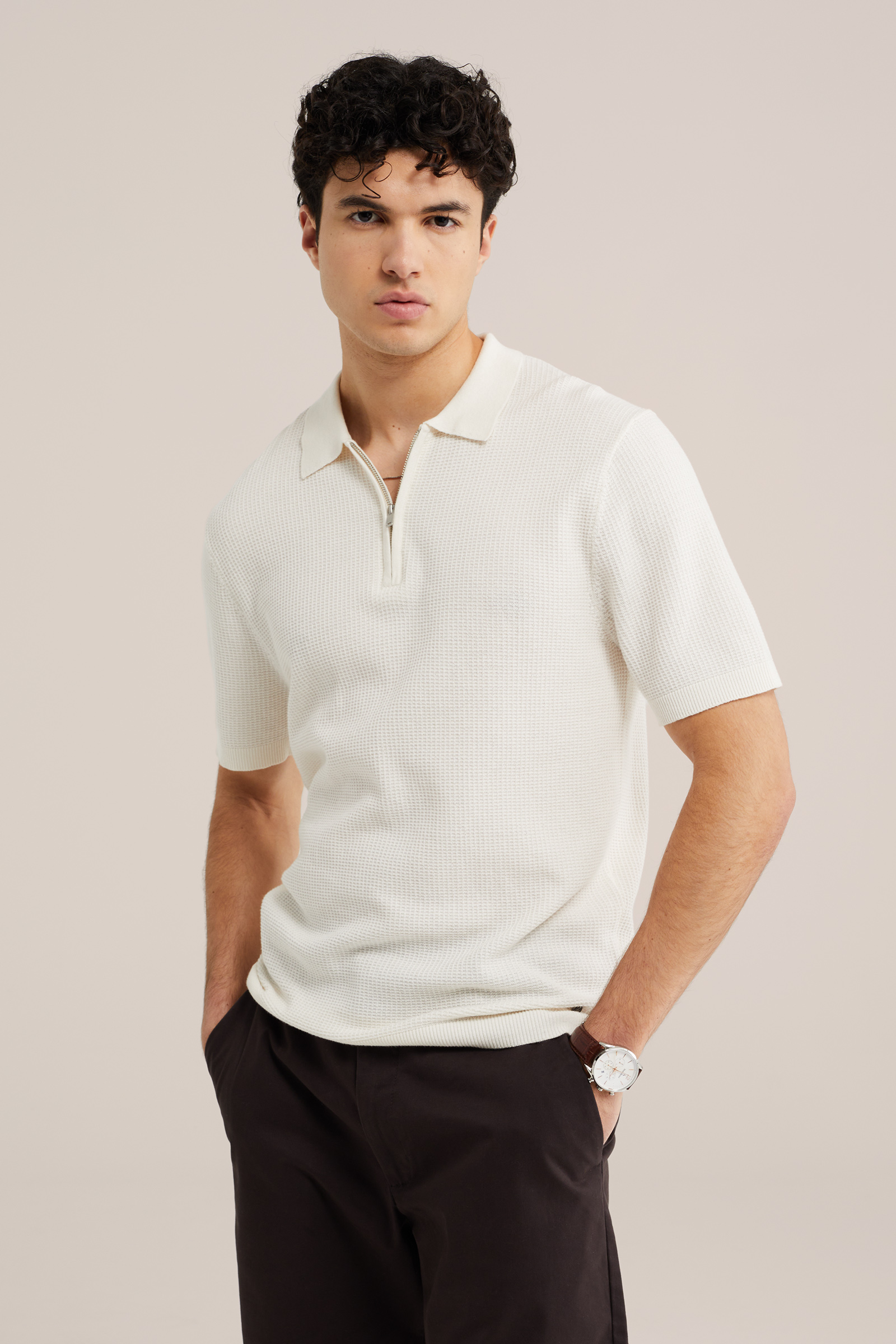 Heren regular fit polo met quarter-zip en structuur