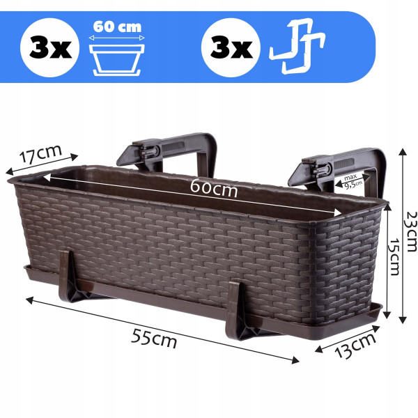 Kadax 3x Skrzynka Balkonowa 60cm Uchwyty Brązowa