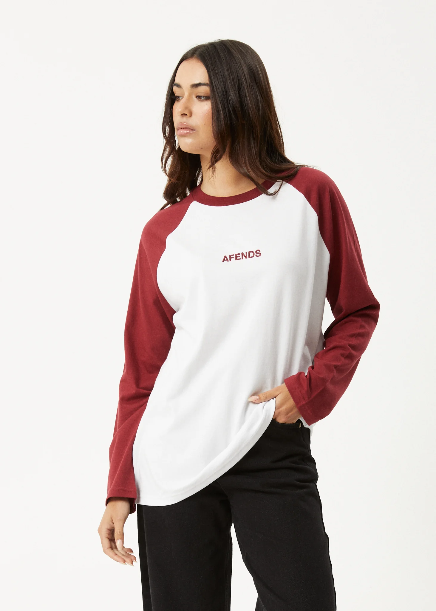 AFENDS Womens Ryan -  Oversized Long Sleeve Raglan Tee - Burgundy