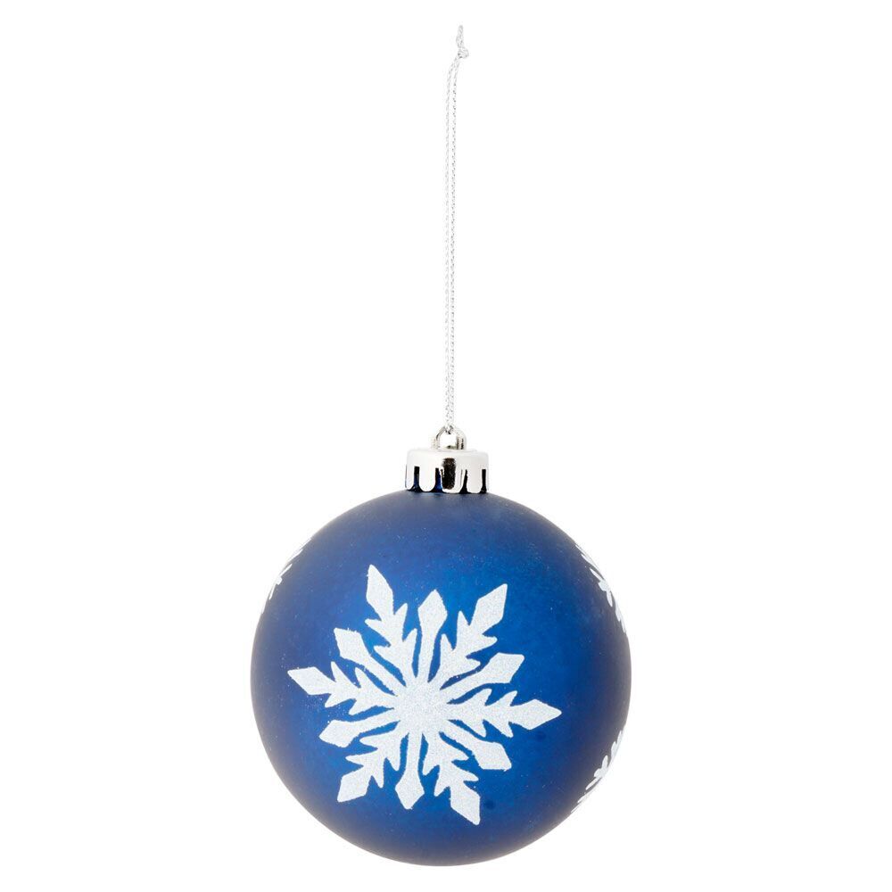 Boule de No&euml;l imprimé flocon pailleté bleu et blanc Ø8cm