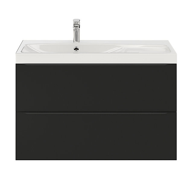 Meuble vasque suspendu noir mat l.100 cm Imandra   plan vasque blanc résine, GoodHome