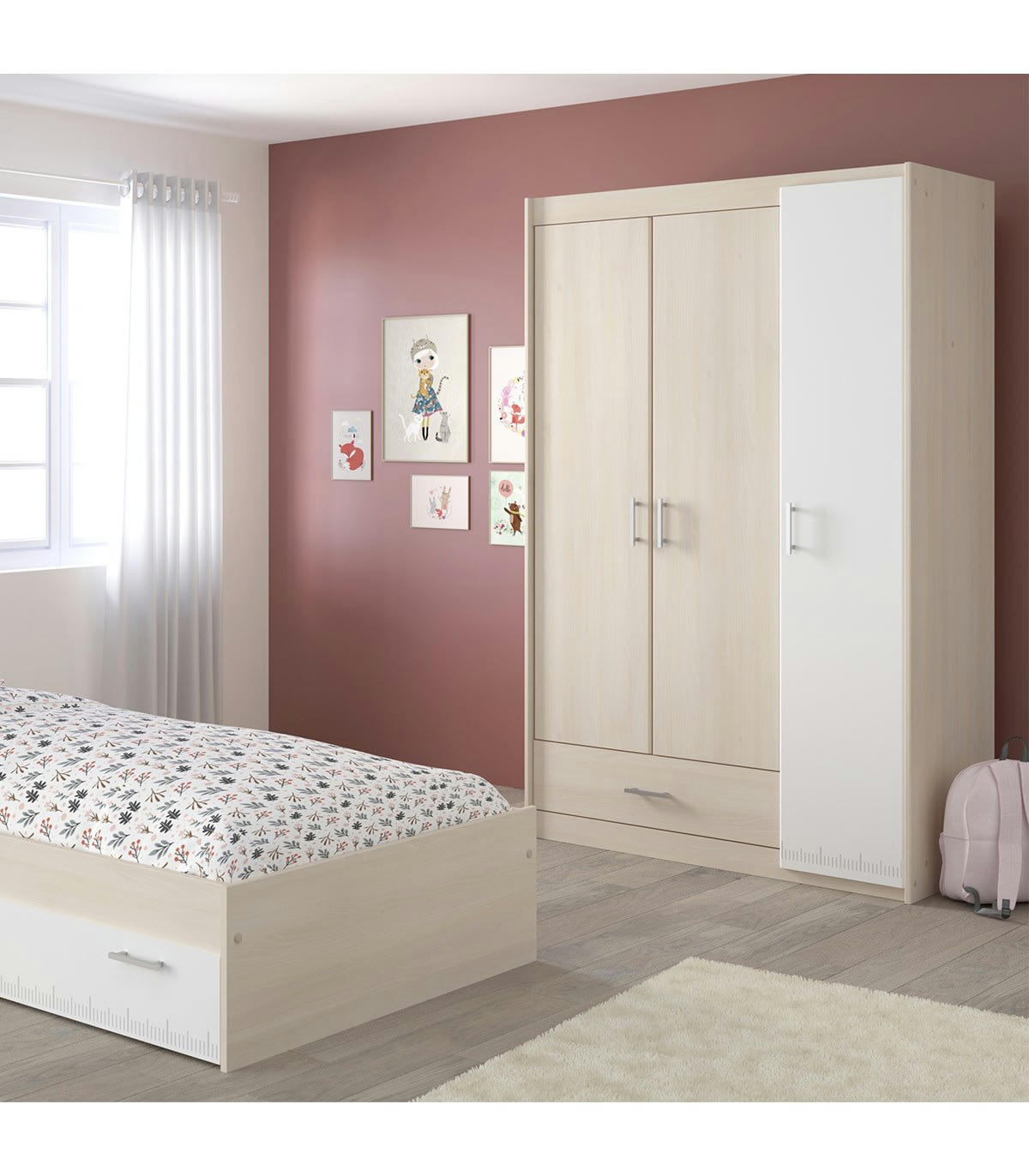 - Armoire 3 Portes 1 Tiroir avec Penderie L112 cm - Décor bois et blanc