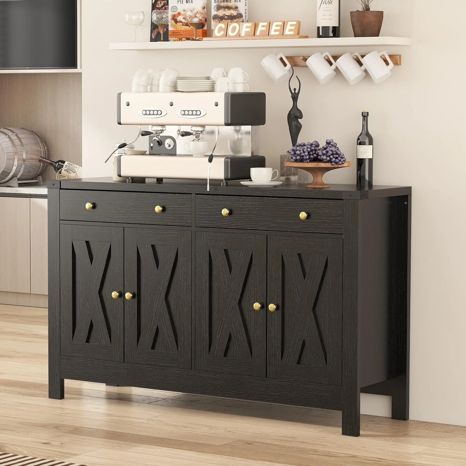 Wooden Storage Cabinet Kitchen Sideboard Pantry with 2 Large Drawer and Adjustable Shelves