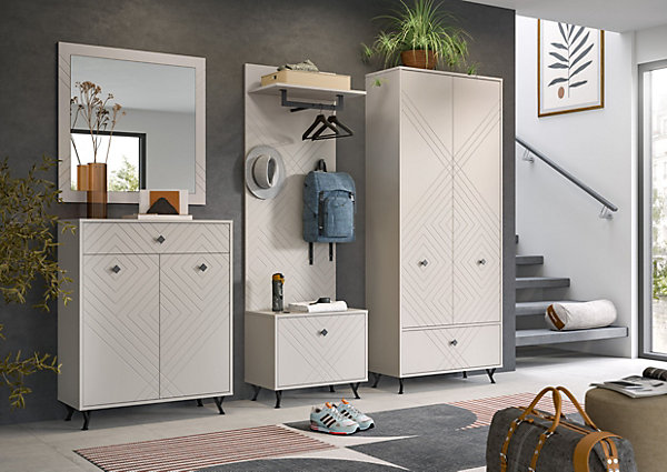 Kai - Armoire vestiaire (L/H/P : 80x190x35 cm) en mélaminé beige sable et embouti mat beige sable