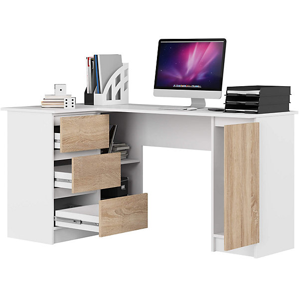 Grand bureau d'angle AKORD gauche B20 Blanc 155 cm 1 porte 3 tiroirs façade Chêne Sonoma 4 étagères 155x85x77 cm