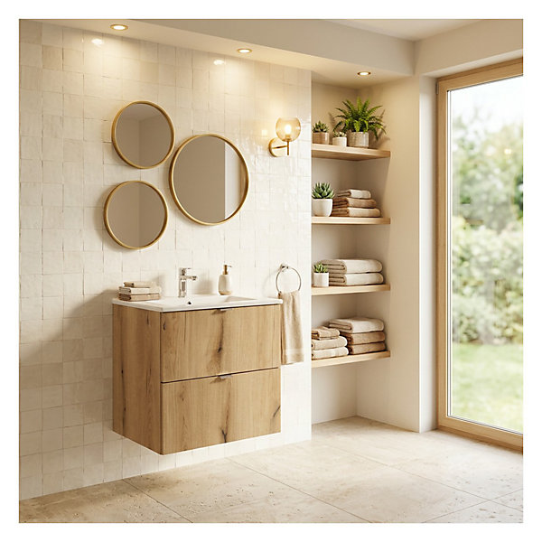 Ensemble de salle de bain suspendu VANO aspect chene et blanc 50cm : meubles sous vasque à tiroirs et vasque encastrée