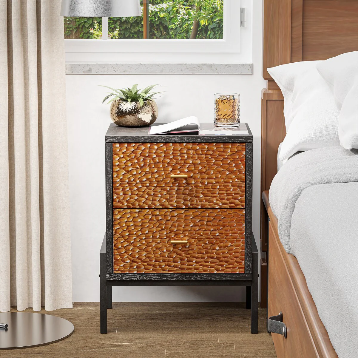 COZAYH Farmhouse Nightstand with Hammered Pattern Front, Modern End Table for Bedroom, Small Space, Rustic Black