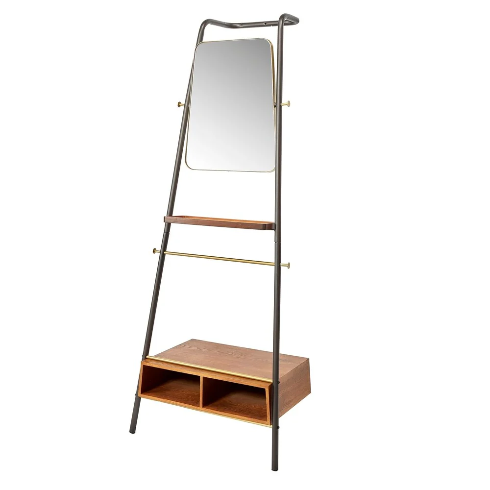 Brady Metal and Wood Leaning Storage Coat Rack with Mirror