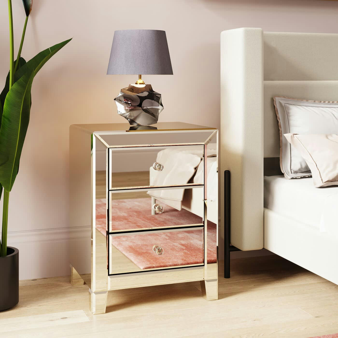 LUXURY - Table de chevet 3 tiroirs en verre miroir