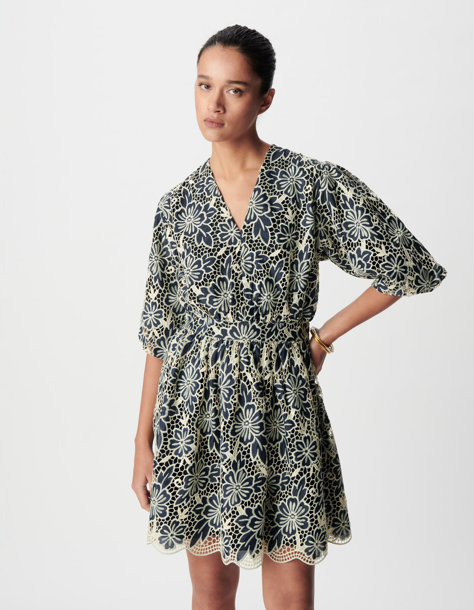 Robe chic marine dentelle écrue Femme