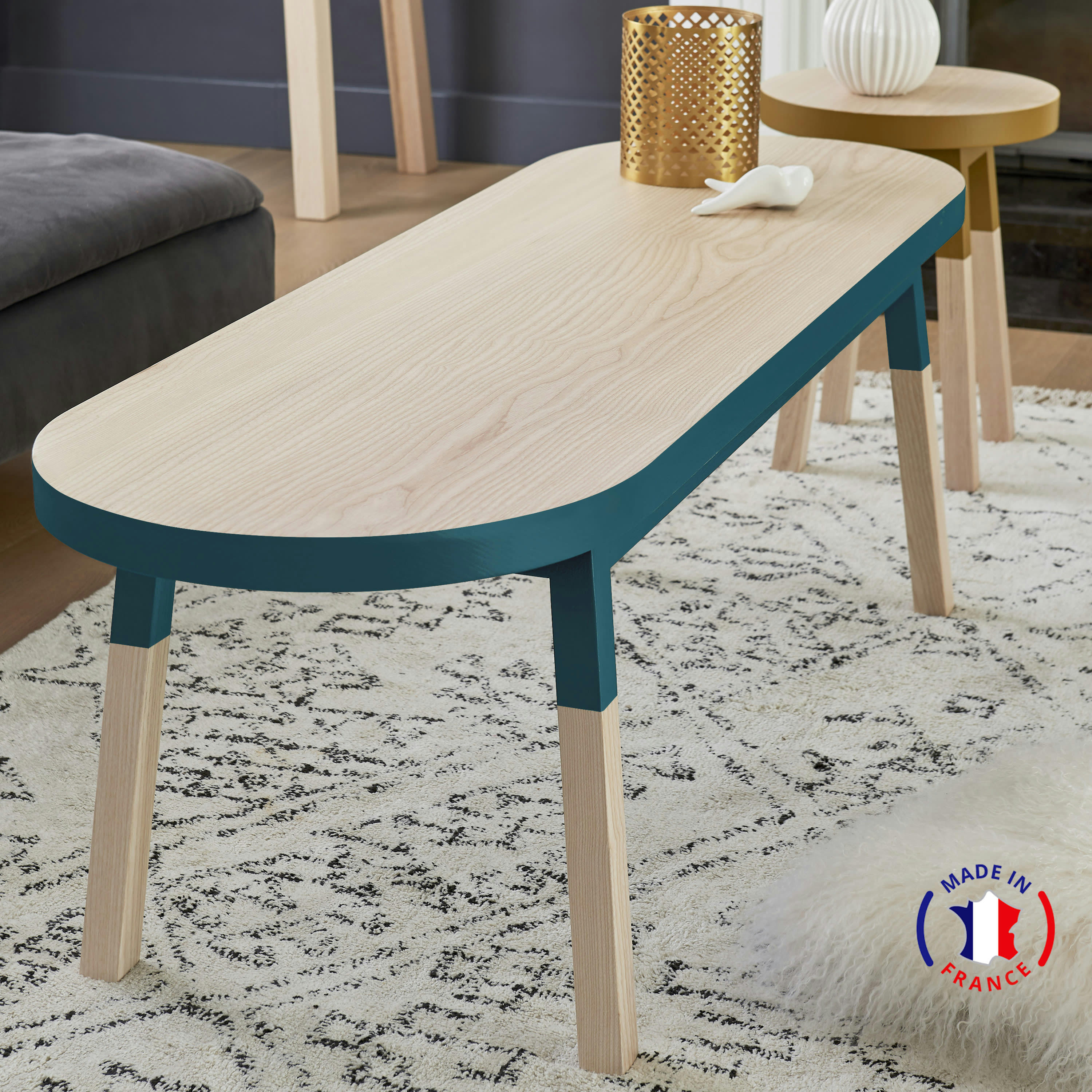 EGEE - Table basse banc 140 cm, 100% frêne massif bleu frehel