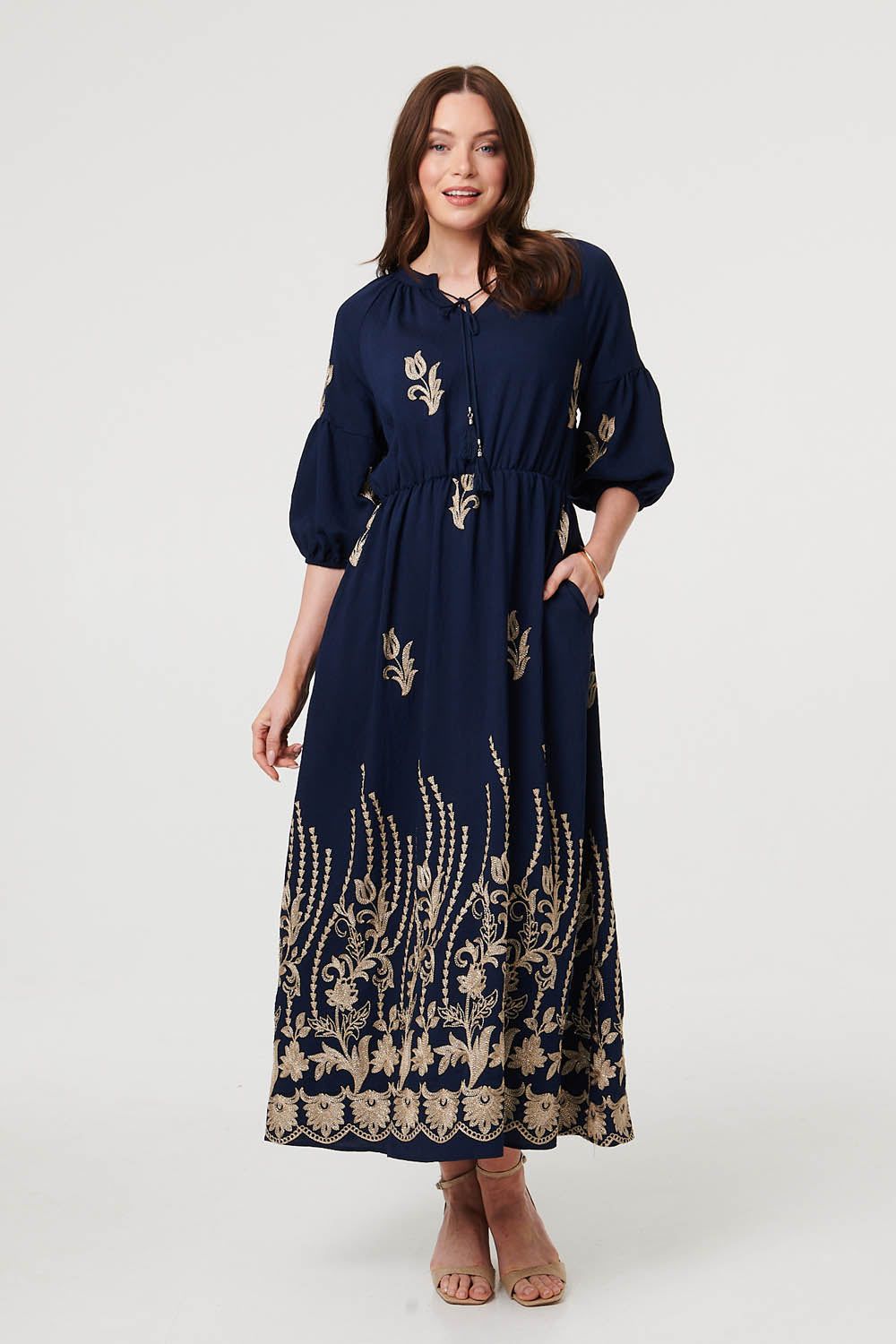 Izabel London Floral Embroidered 3/4 Sleeve Maxi Dress