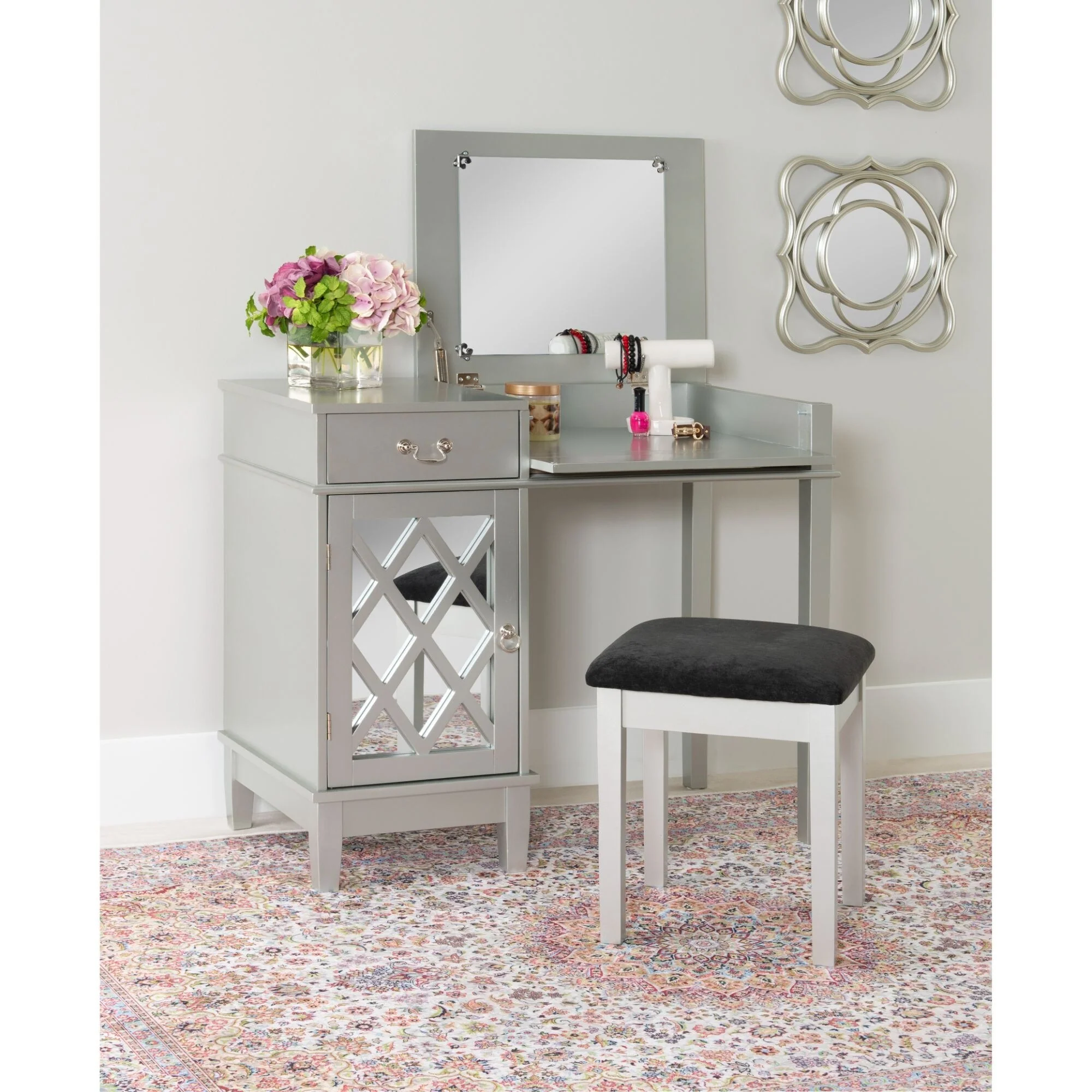 36 Sliver Vanity Set with Mirror and Upholstered Stool