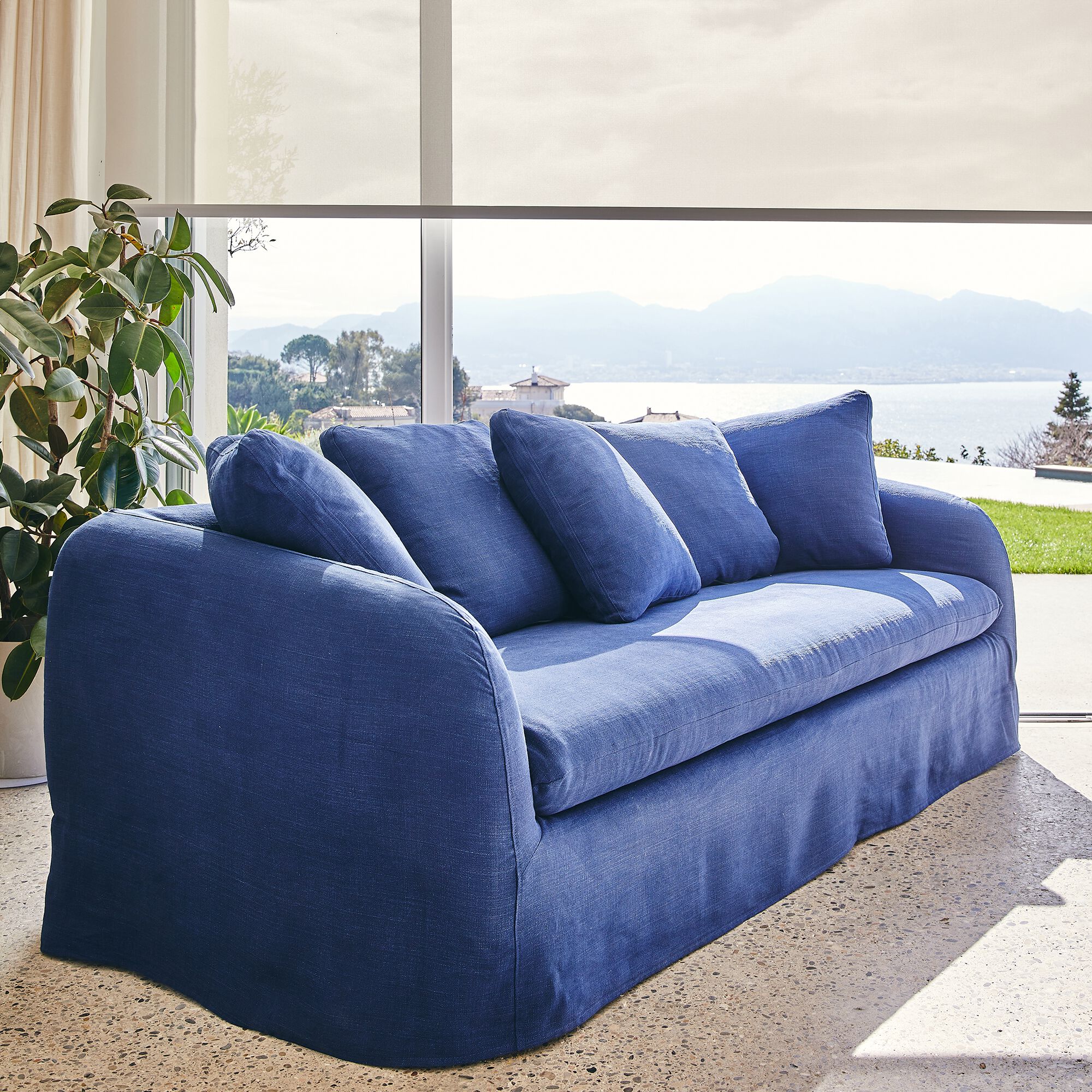 MARCEL - Canapé 4 places fixe en lin - bleu marine