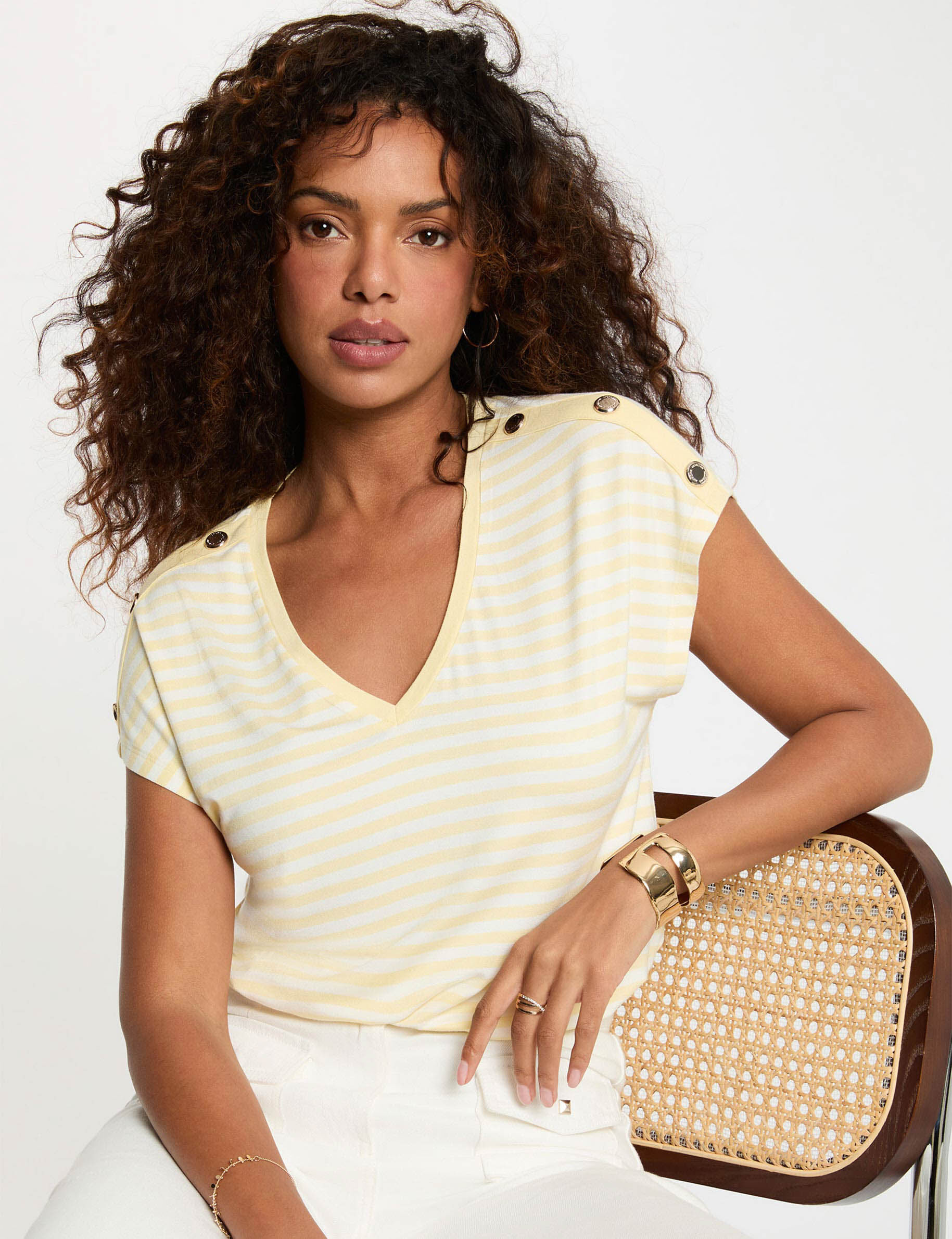 Striped V-Neck T-Shirt Pastel Yellow Women