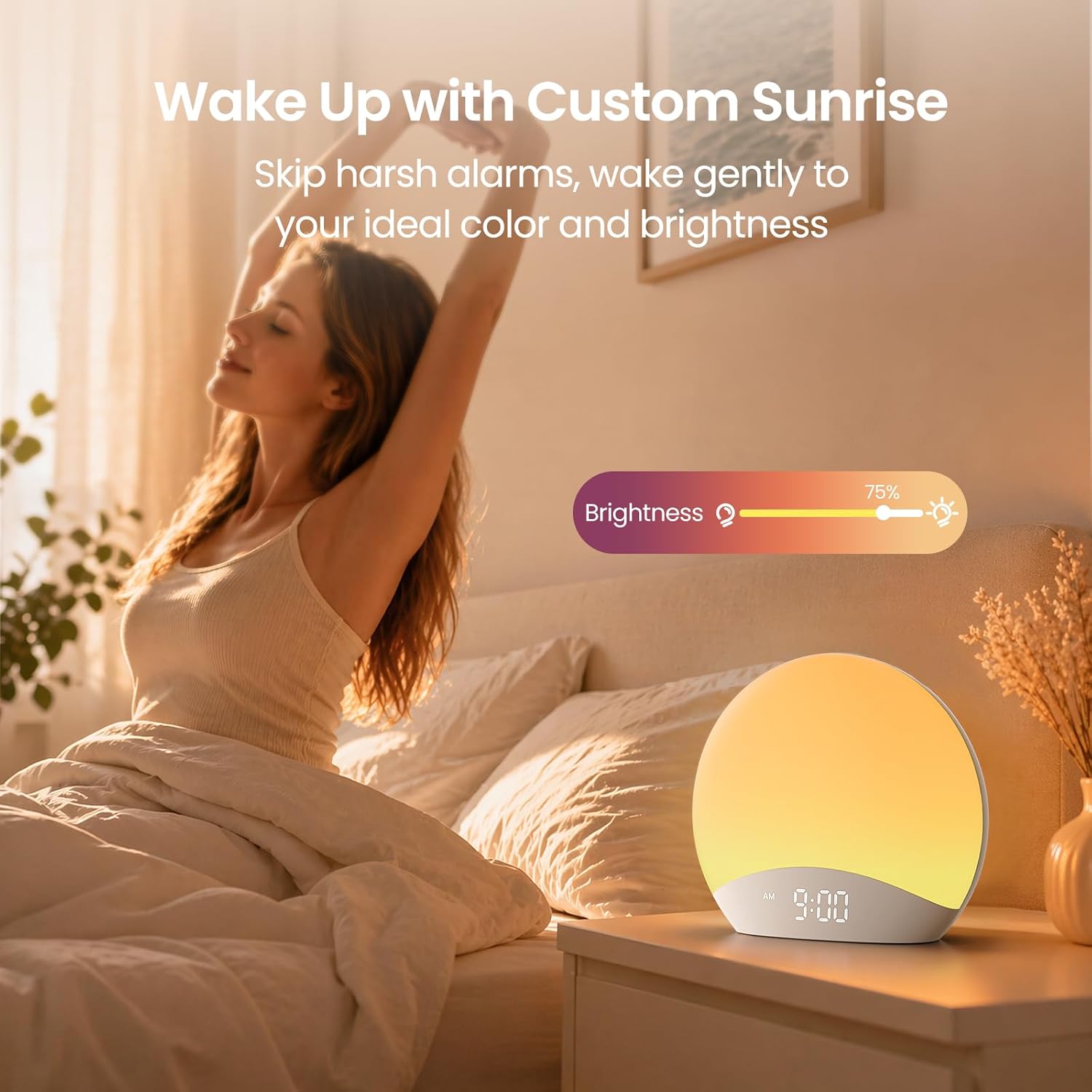 REACHER R7APP Smart Sunrise Alarm Clock with App Control, Custom Wake & Sleep Routines - Multi Sunrise Color, White Noise Sound Machine, Dimmable Display | Night Light, Screen-Free Sleep