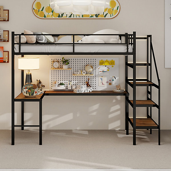 Lit Mezzanine 90x190 cm - avec Bureau en L et Escalier, Garde-Corps Continu, Structure en Métal, sans Matelas, Noir