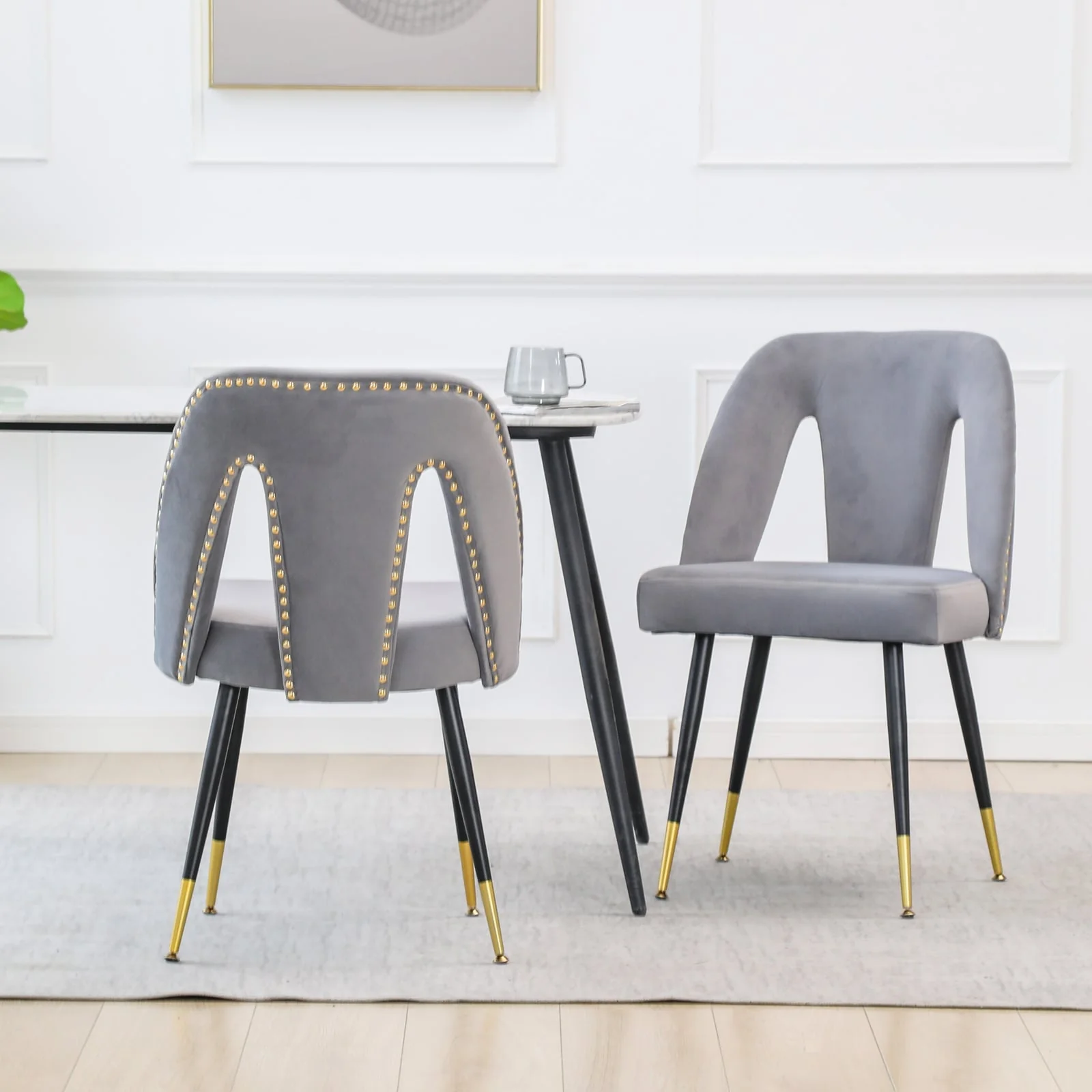Set of 2 Modern & Contemporary Upholstered Dining Chairs with Nailheads and Metal Legs