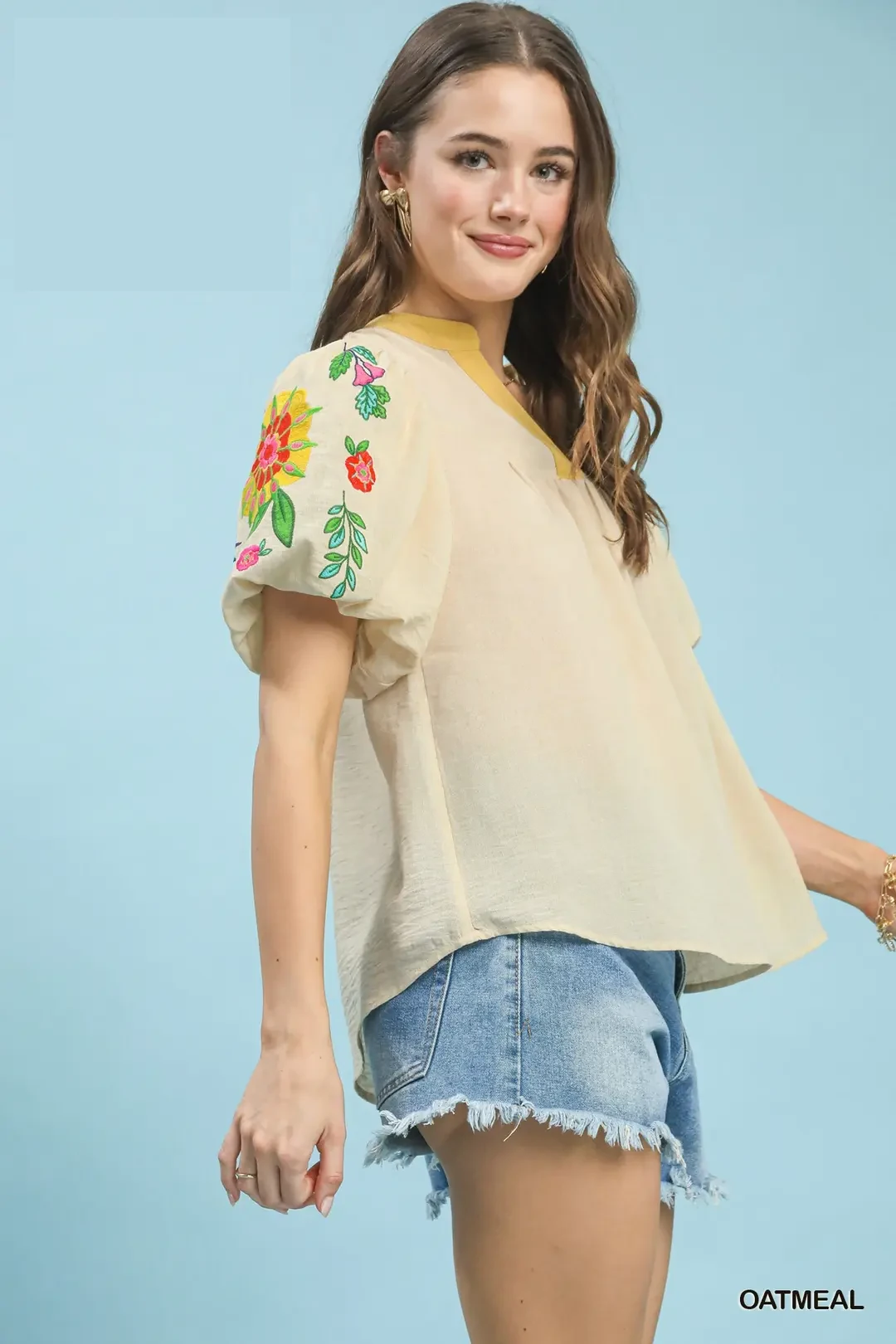 Embroidered Puff Sleeve Top