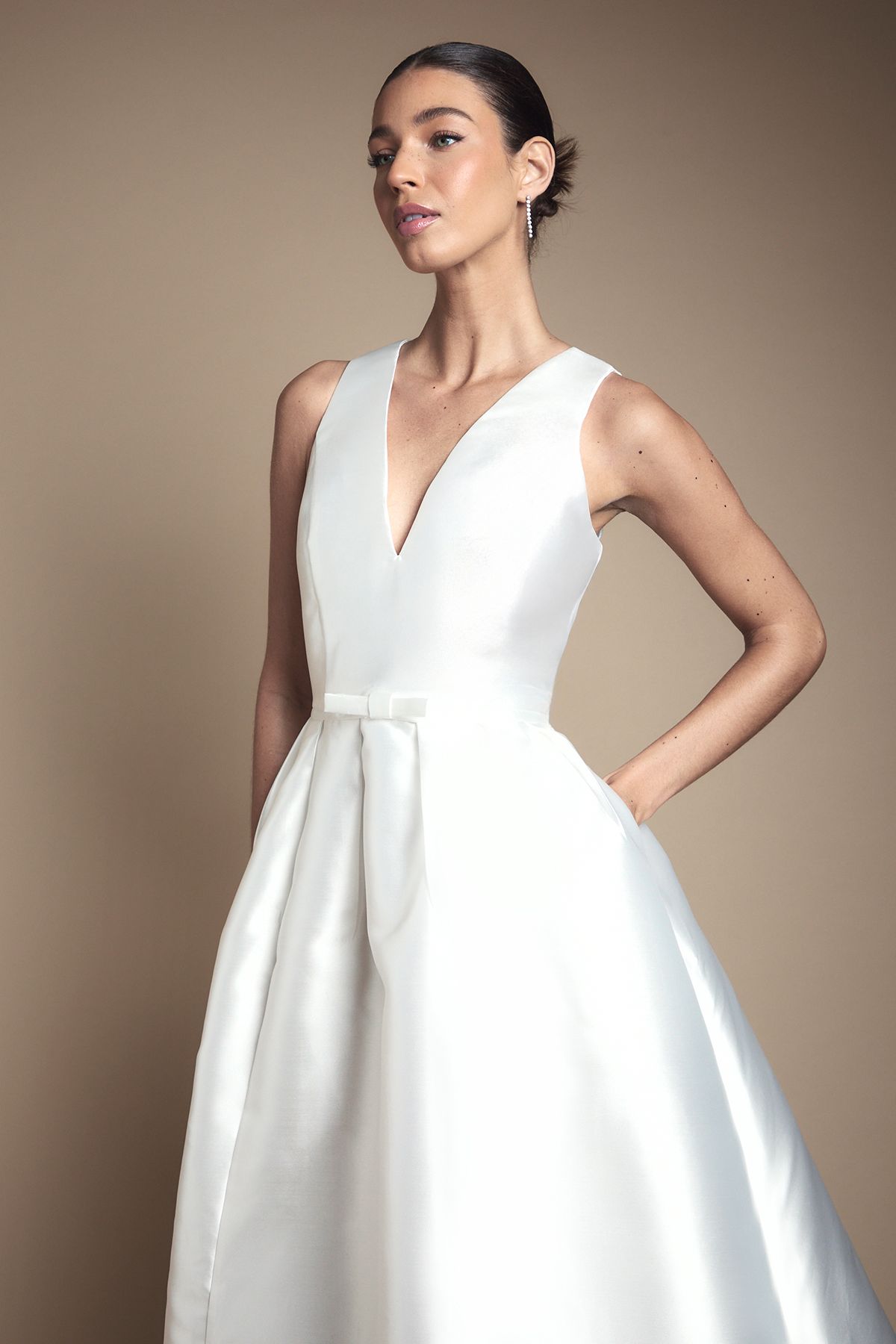 Coast Plunge Neck Bow Waist Midi Wedding Dress With Pockets