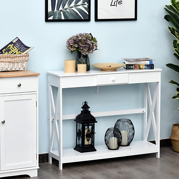 Console style table de drapier néo-rétro tiroir   étagère dim. 100L x 30l x 81H cm MDF blanc