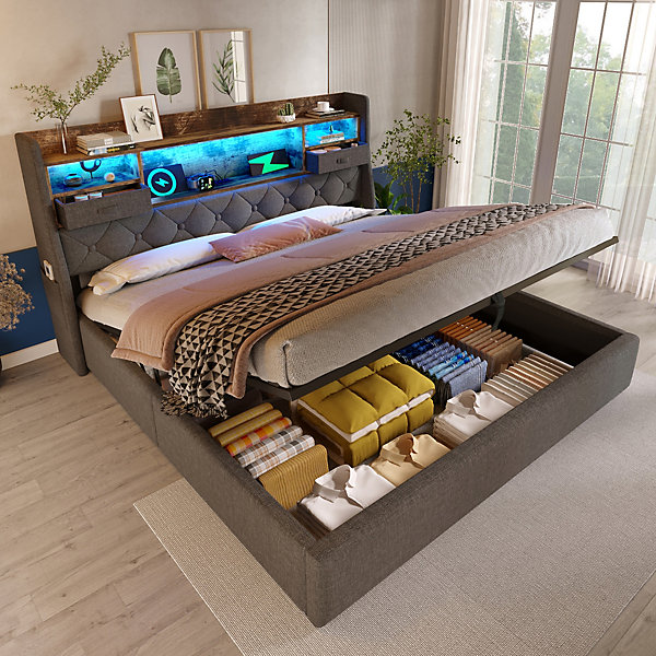 Lit 140x200 cm avec rangement hydraulique, tête de lit LED multicolore, ports de charge et tissu lin gris