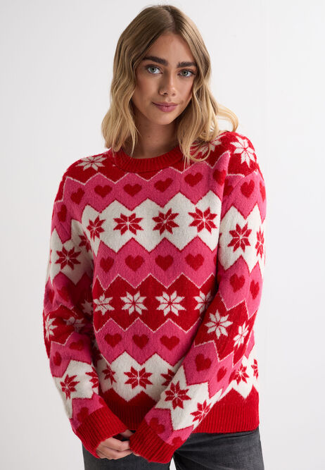 Womens Pink Heart Fairisle Christmas Jumper