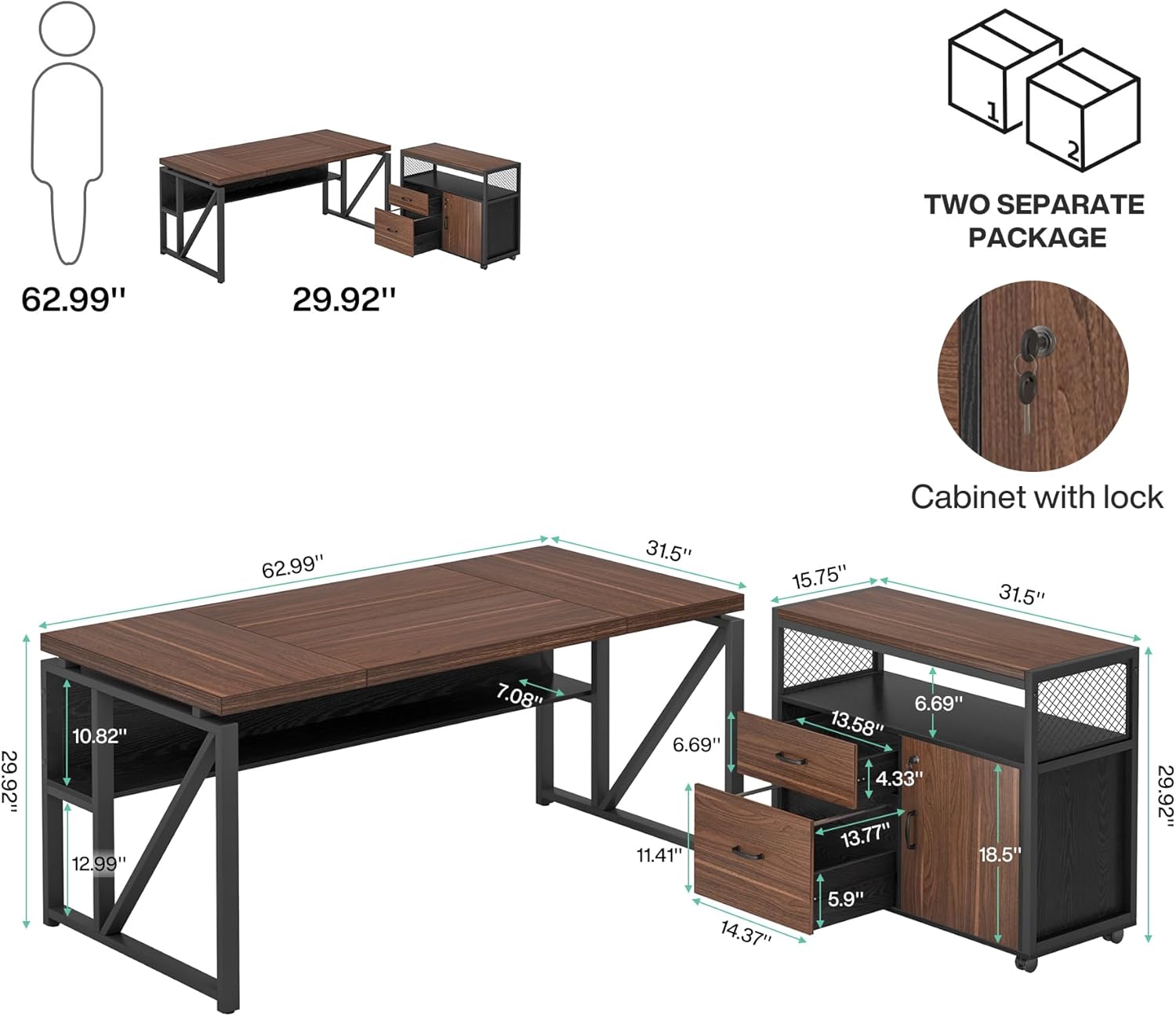 Tribesigns 63 Executive Deskwith Drawer Cabinet, L Shaped Desk and lateral File Cabinet, 2 Piece Home Office Furniture Set with Drawers for Hanging, Doors with Locks (Dark Brown, 63 inches)