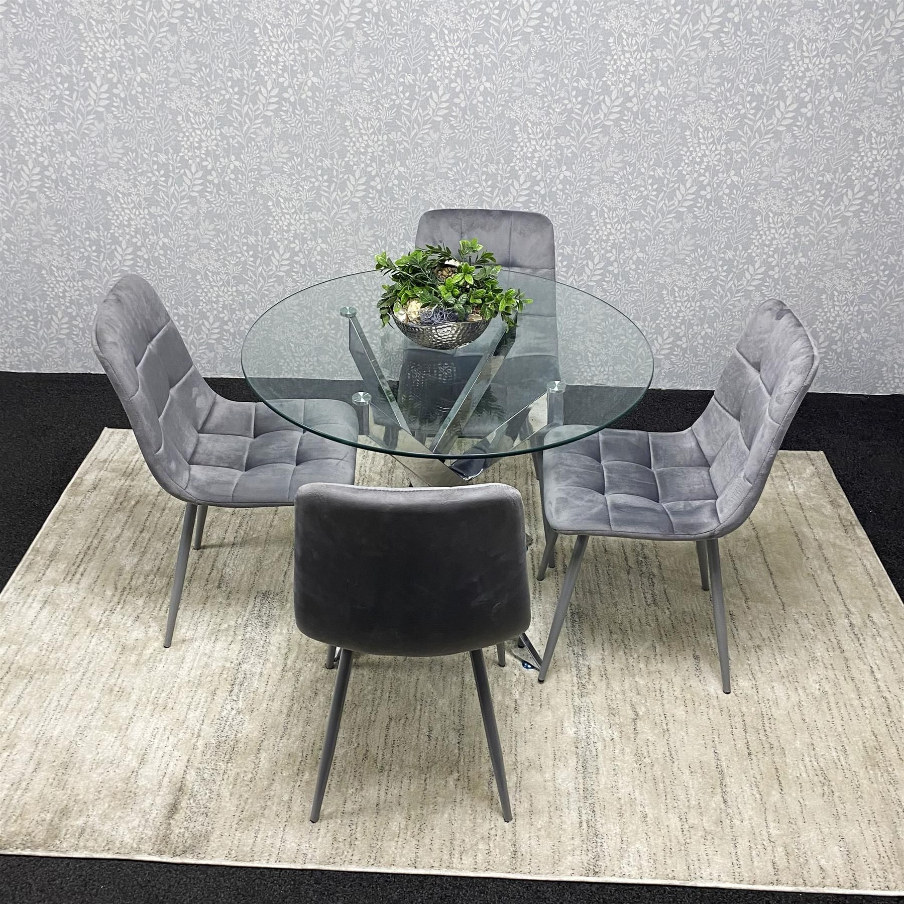 KOSY KOALA Modern Round Glass Dining Table Set With 4 Grey Velvet Chairs Dining Room Furniture