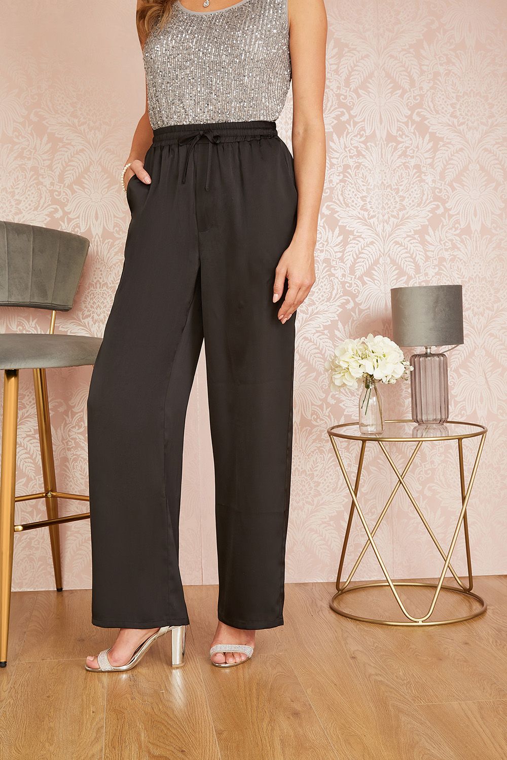 Yumi Black Satin Relaxed Trousers