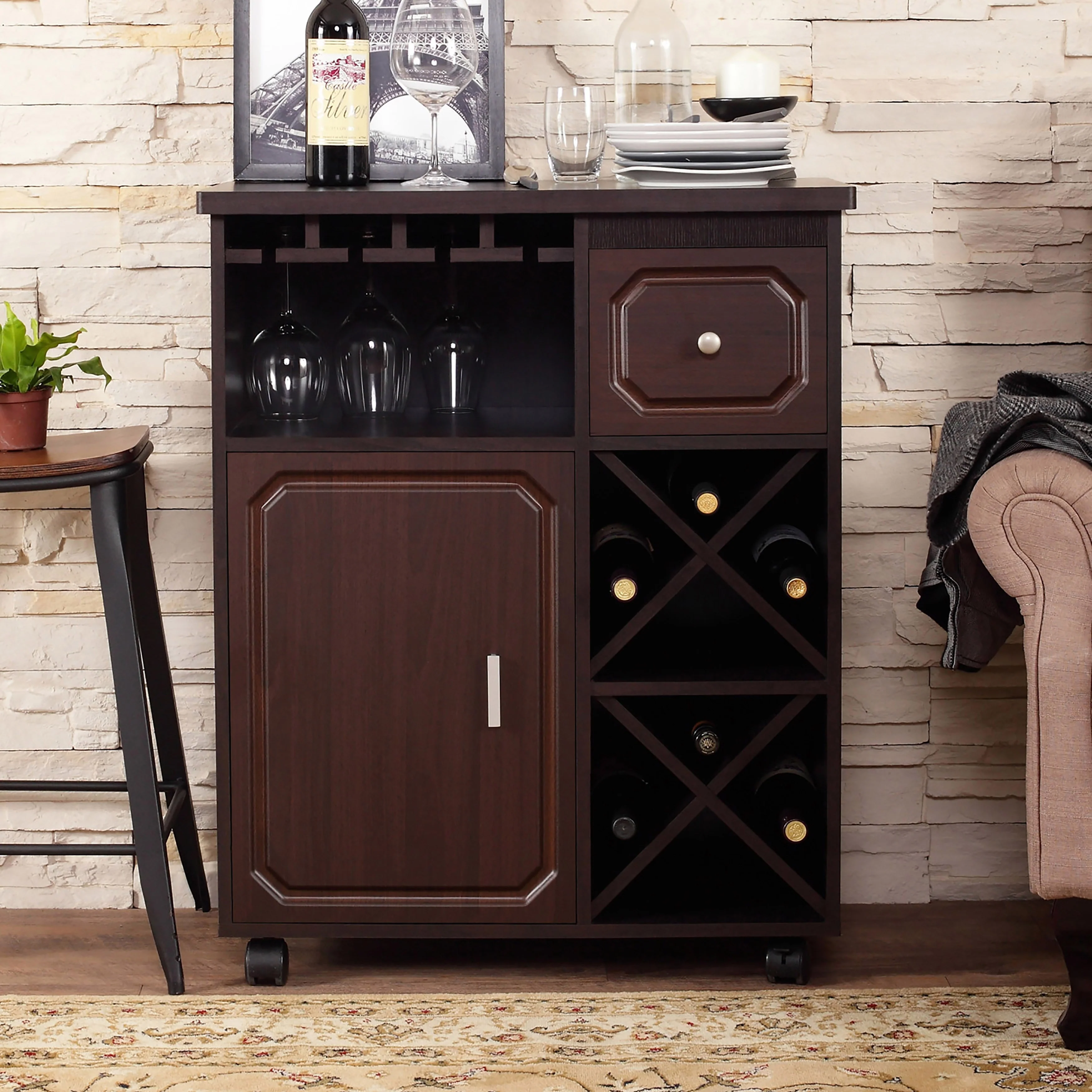 Furniture of America Crestall Multi-Storage Espresso Mobile Wine Bar Cabinet