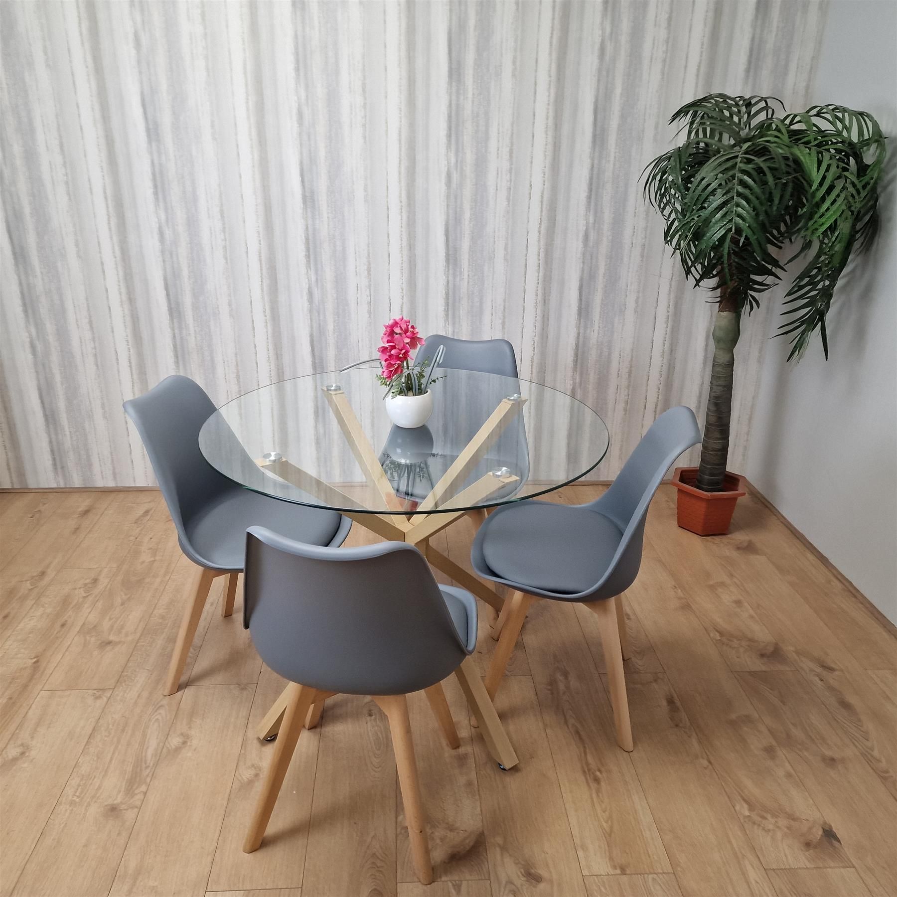 KOSY KOALA Kosy Koala Round Glass Dining Table Set With 4 Grey Plastic Chairs Dining Room Furniture