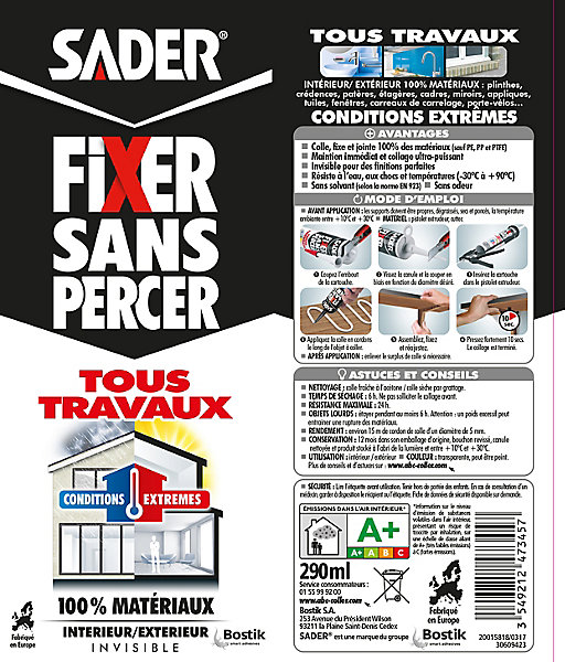 Mastic de Fixation Sader Fixer Sans Percer Tous Travaux - Invisible Cartouche 290ml