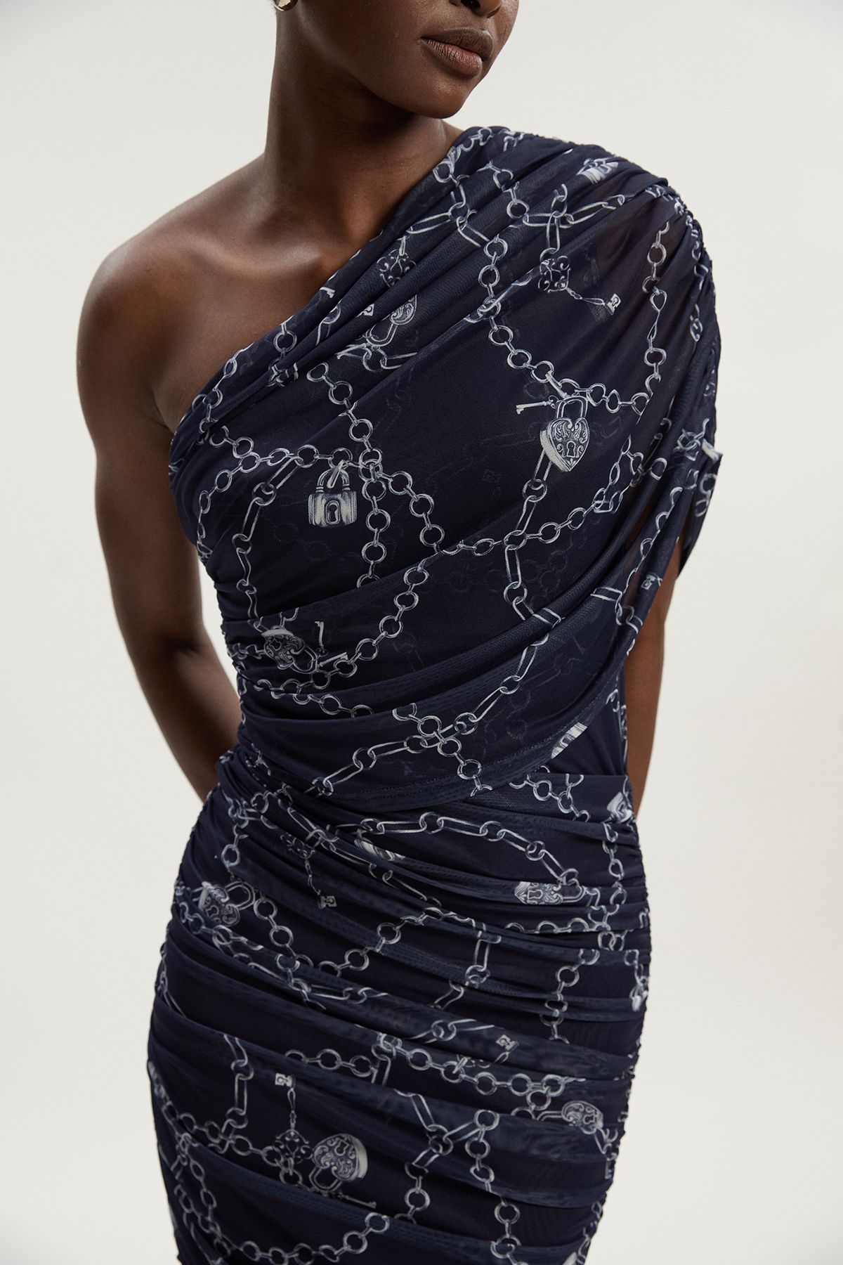 KarenMillen Petite Chain Print Mesh One Shoulder Midi Dress