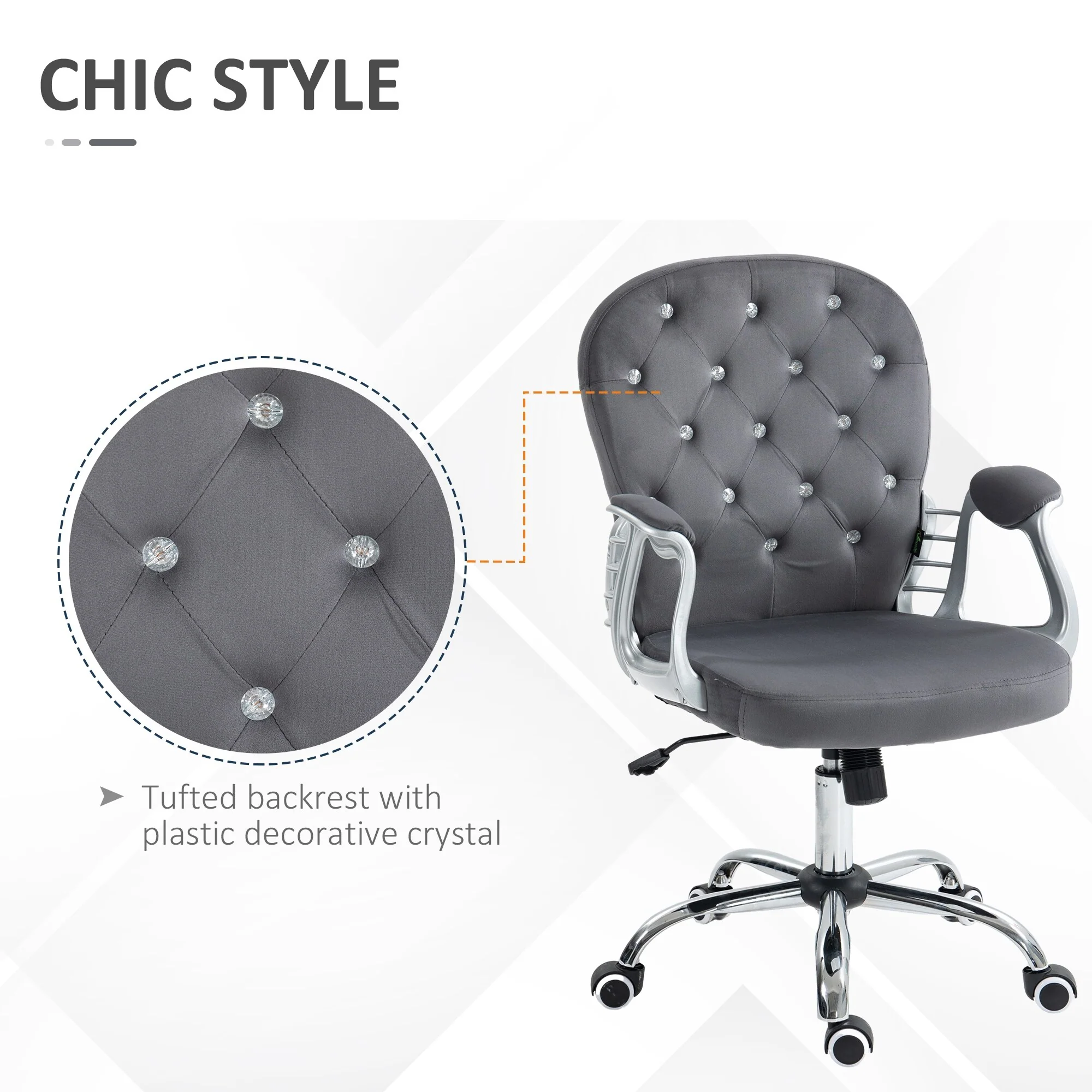 Velvet Home Office Chair, Button Tufted Desk Chair with Padded Armrests, Adjustable Height and Swivel Wheels, Dark Gray