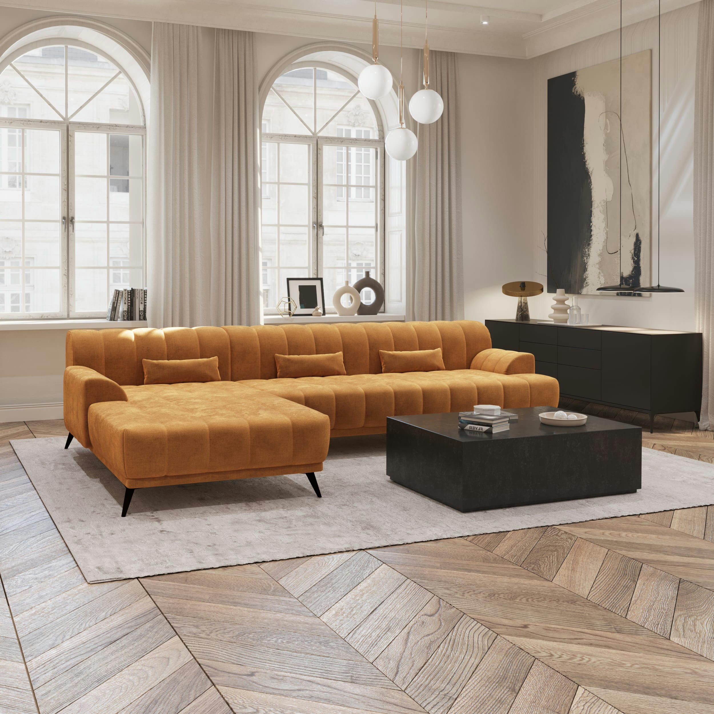 NOAH - Canapé d'angle gauche  tissu velours moutarde