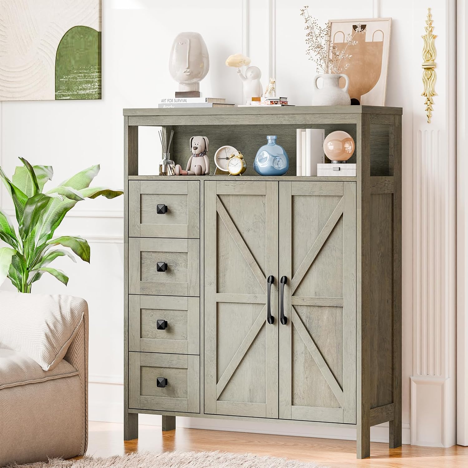Vabches Farmhouse Storage Cabinet with 2 Doors and 4 Drawers, Freestanding Bathroom Storage Cabinet Kitchen Pantry Cabinet, Floor Cabinets Hutch Cupboard for Kitchen/Living Room/Bathroom.Grey Oak.