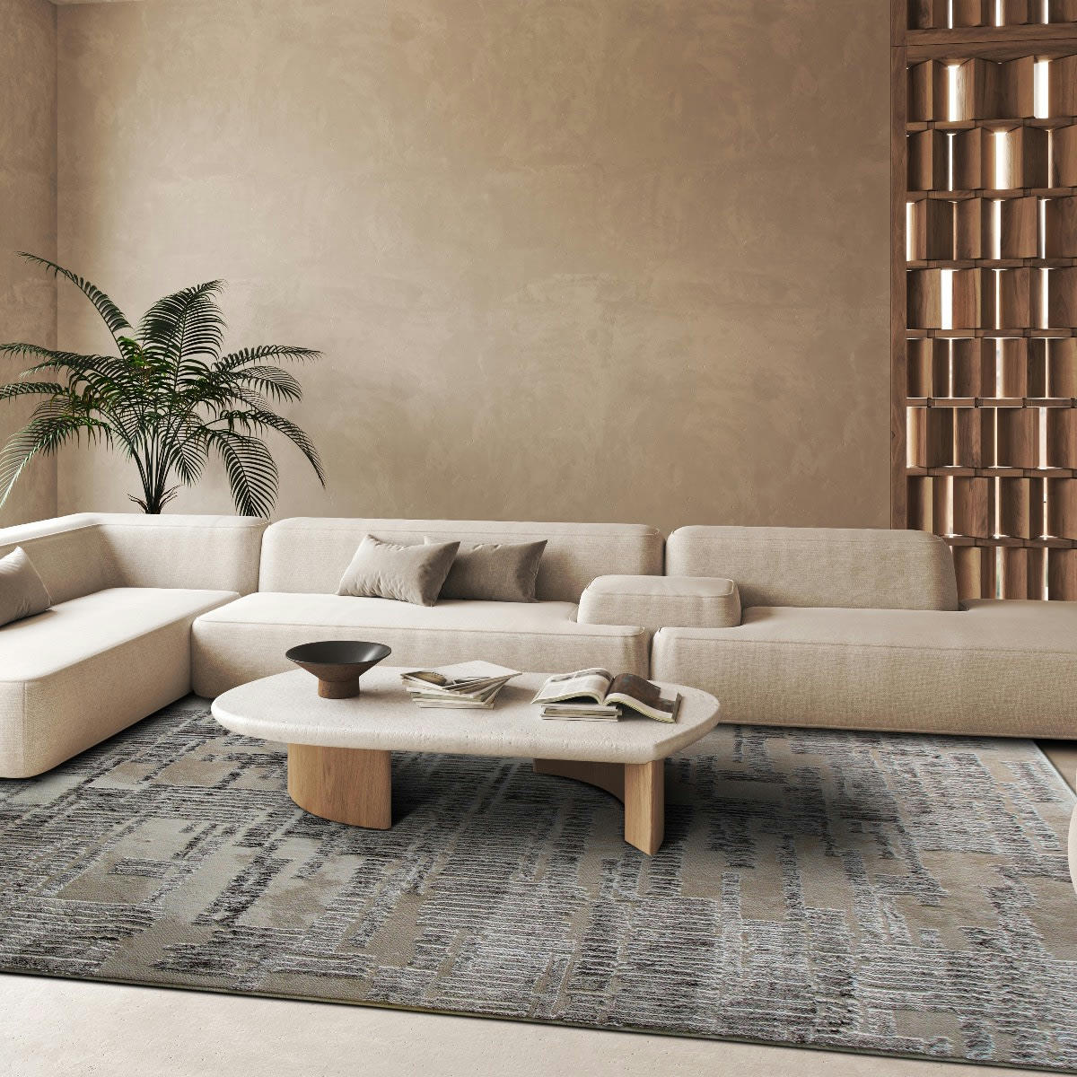 GOYAVE - Tapis graphique effet kapla beige 120x170