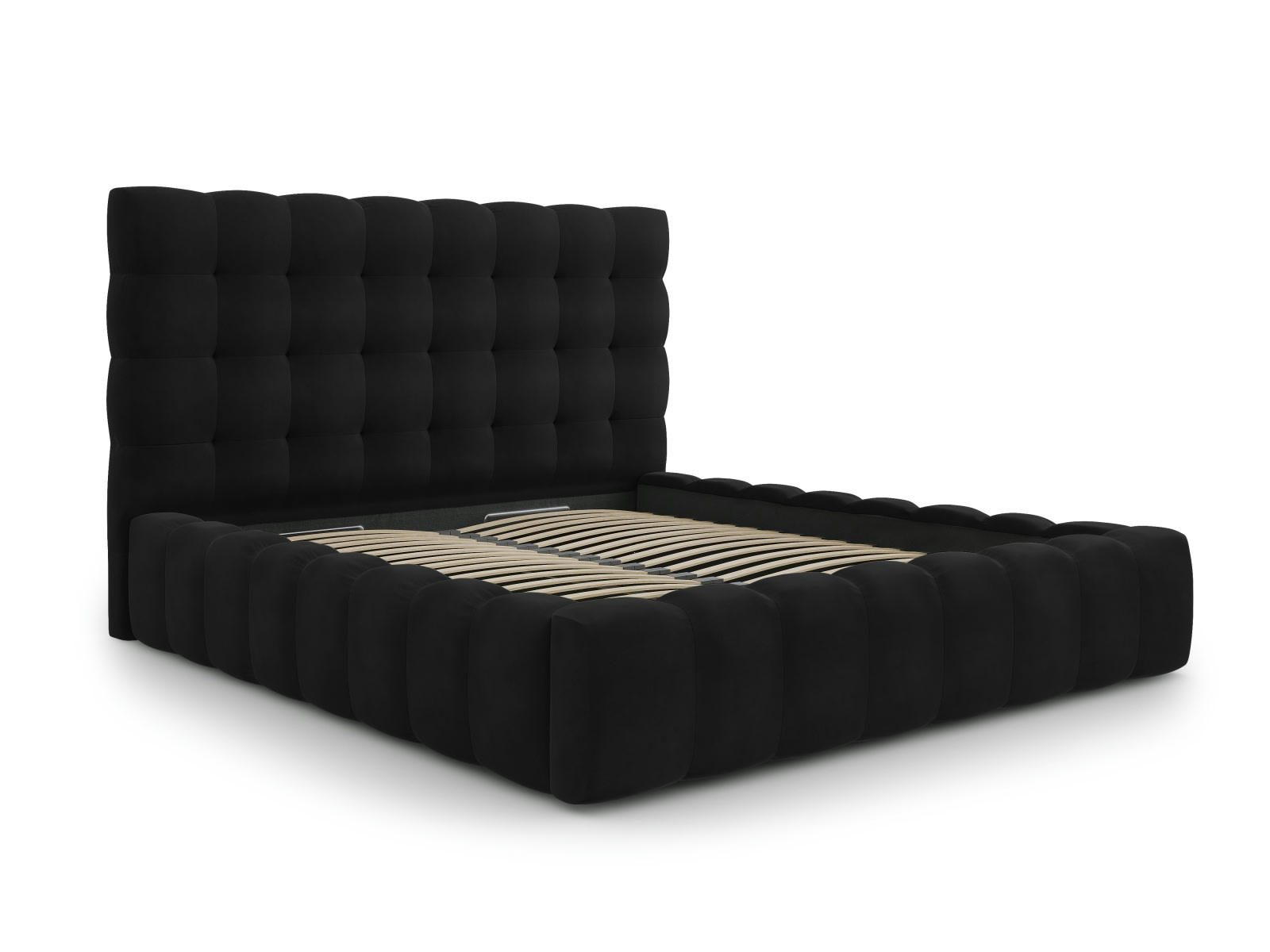 MAMAIA - Lit coffre en avec tête de lit 180x200cm en tissu velours noir