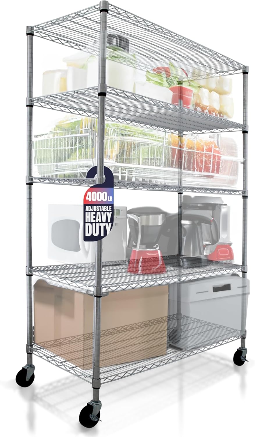 4000 LBS Heavy Duty Wire Rack, 48 x 24 x 76, 5-Tier NSF Commercial Rolling Rack with 4 Industrial Casters, Chrome Metal Wire Shelving for Garage, Kitchen, Adjustable Storage Shelf, Crescent