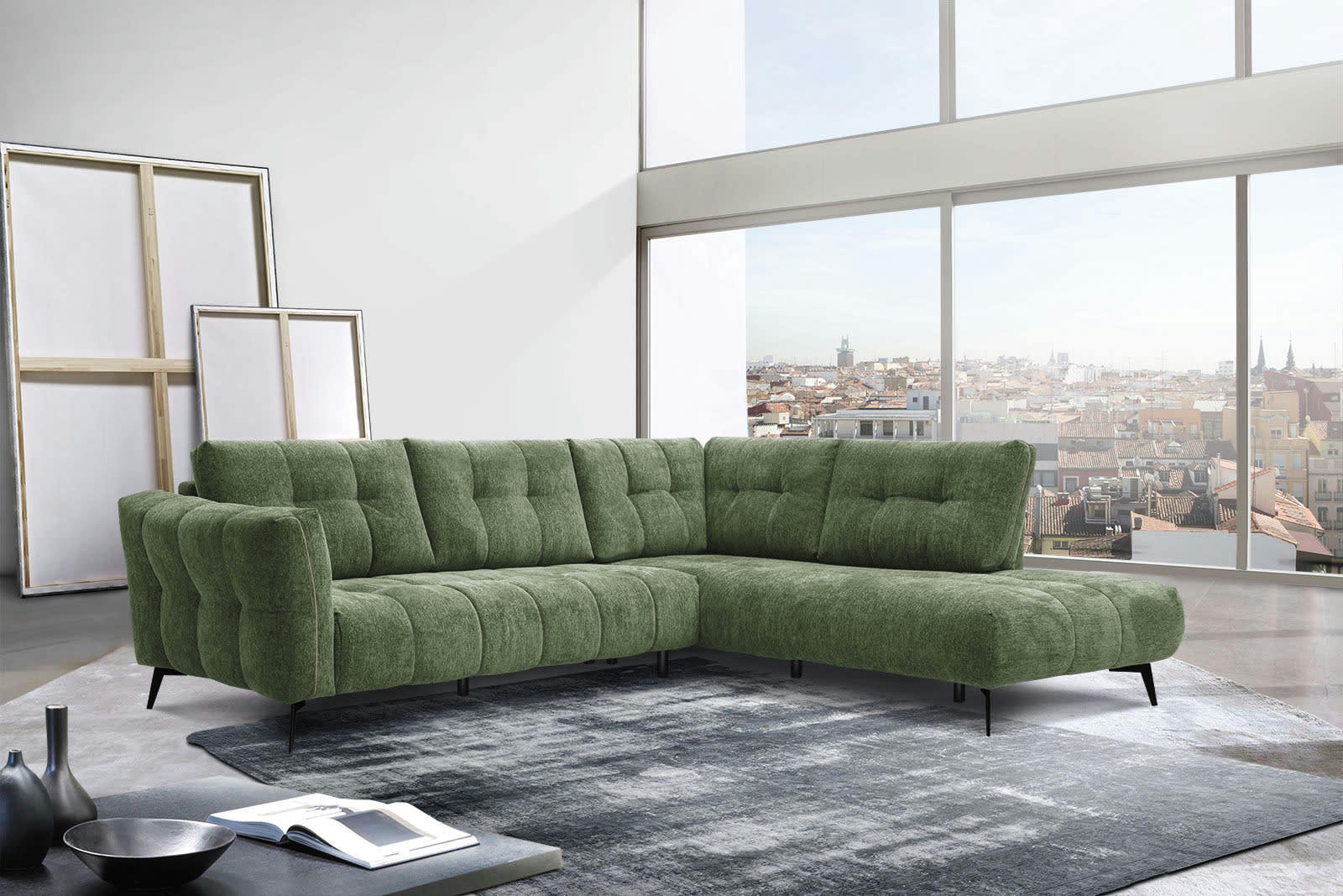 KALMER - Canapé d'angle droit 5 places tissu vert