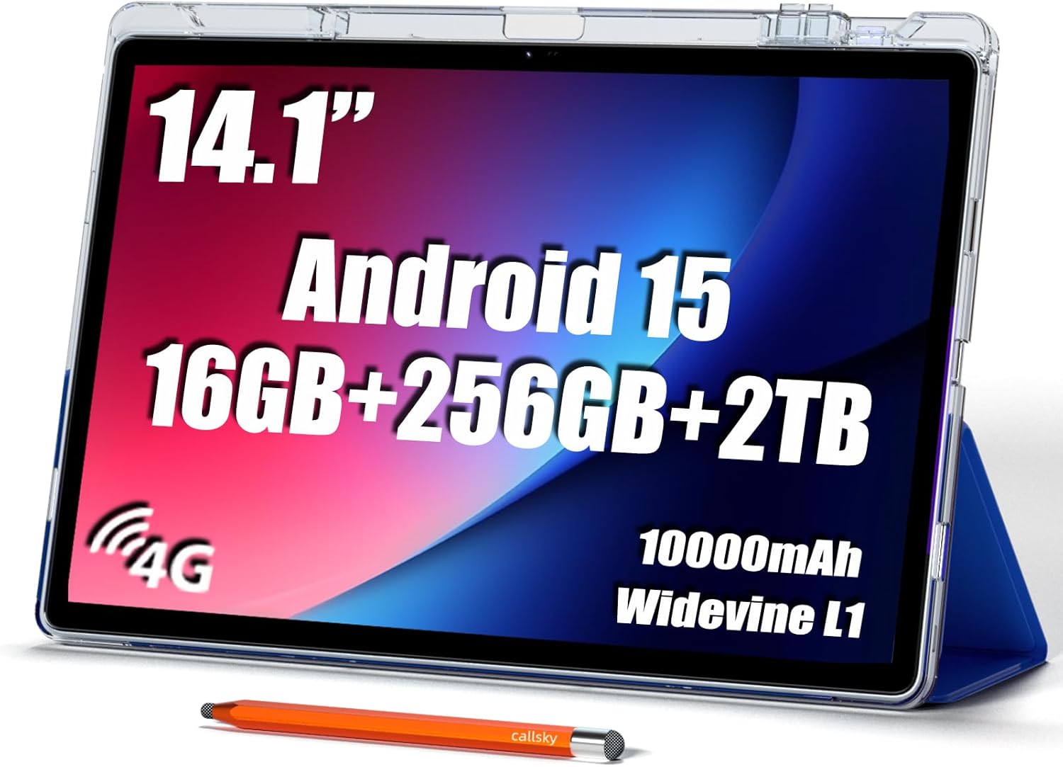 14 inch Large Screen Tablet  Android 15 Tablet 16GB RAM 256GB ROM  1920 * 1200 IPS FHD Display  Widevine L1  10000mAh 18W Charging  Wi-Fi & Bluetooth  4G LTE  with Stand Case & Stylus