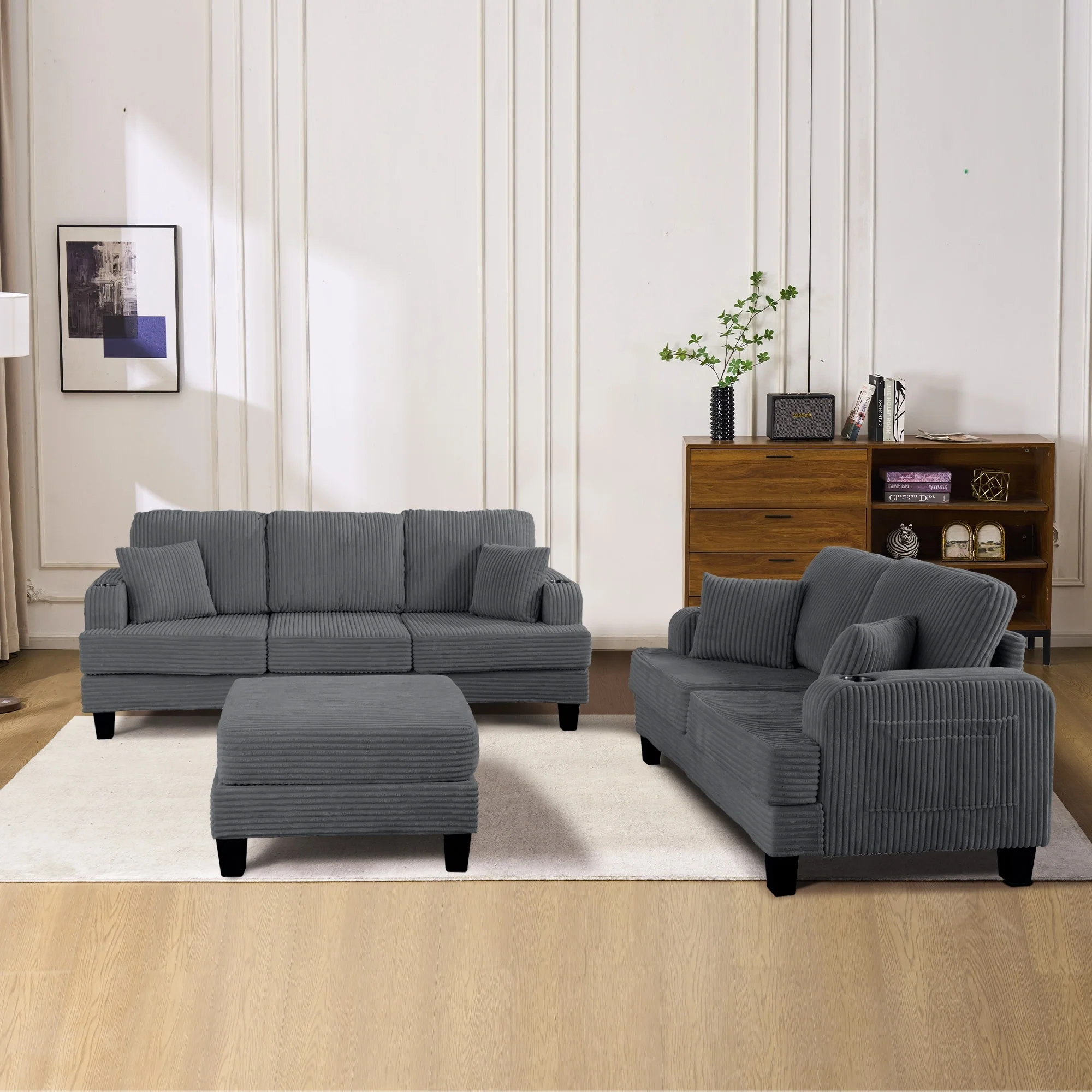 Modern Fabric 3-piece Sectional Sofa Set with Loveseat and Storage Ottoman